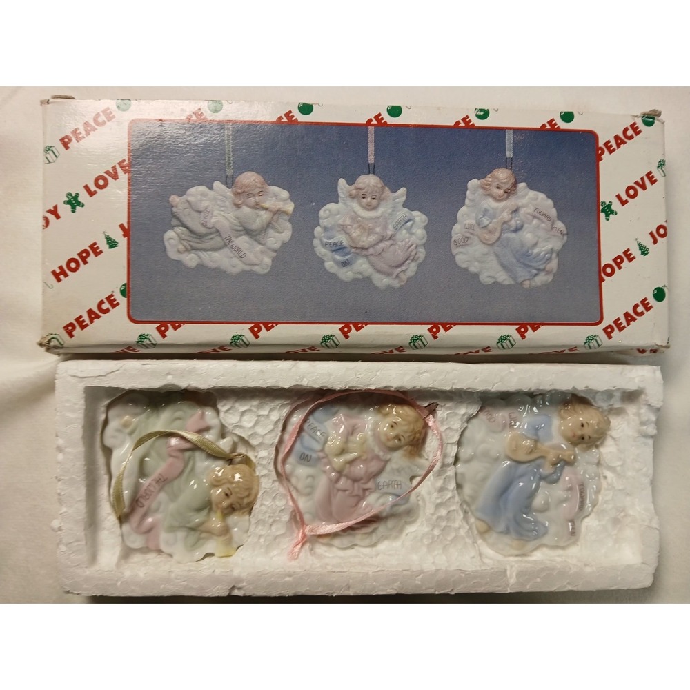 1996 Vintage H.O.L. 3‎ Ceramic Angel Ornaments Joy To The World Peace On Earth